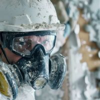 A close up of a professional using a respirator and safety glasses while carefully removing lead paint from damaged drywall,